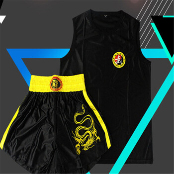 绣龙刺绣缎面散打服套装拳击服短裤服装衣服泰拳武术表演男女 黑色