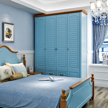 地中海风格衣柜蓝色三门四五六门实木组合大衣柜百叶衣橱卧室柜子