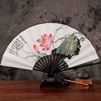 男扇折扇中国风男士扇子 古风手绘工艺白纸扇礼品扇子定制 出水芙蓉