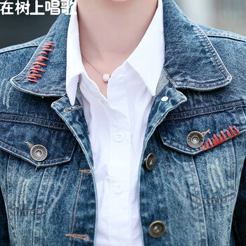 在树上唱歌优质2016春装新款女装牛仔外套女短款长袖时尚翻领韩版修身牛仔上衣短外套052 牛仔色 XXL建议120斤左右