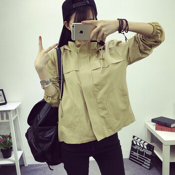 公主蓬特春秋连帽抽绳简约原宿风薄款长袖工装外套夹克女学生潮G 驼.色 M