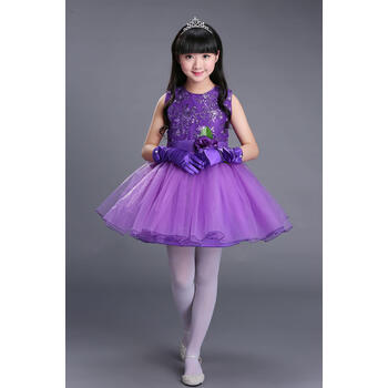 背带裤演出服男中小学生公主蓬蓬纱裙合唱服女孩短袖新款 女款紫色