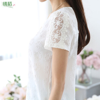 情稻雪纺衫 女 夏 短袖2015夏装新款女装韩版大码女装显瘦打底衫短袖上衣潮6763 白色 XXL