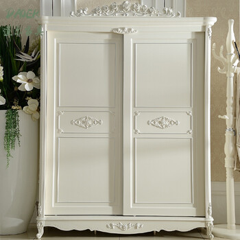 韩式田园趟门衣柜实木白色衣橱移门滑门推拉门大衣柜 荷花白 2门