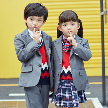 英伦学院风男女儿童装演出班服幼儿园服中小学生校服套装 灰色:女童