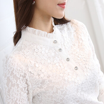 
                                        名诺儿 2016春秋冬季韩版女装上衣修身绣花全蕾丝雪纺衫女长袖加绒加厚半高领蕾丝打底衫 665白色 M                