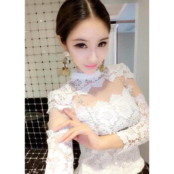 
                                        绮彤小镇2015秋季新款韩版洋气时尚名媛甜美气质性感百搭蕾丝衫花边长袖弹力修身上衣打底衫 白色 均码                