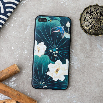 iphone8 7 plus手机壳苹果6s x中国风浮雕立体荷花全包软壳新款女 夏