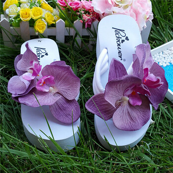 海边旅游沙滩度假花朵人字拖女夏防滑舒适凉拖鞋6cm厚底气质凉鞋 白底