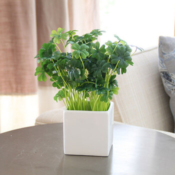 小麦苗陶瓷花瓶盆栽套装 装饰品 方形白盆 6束四叶草