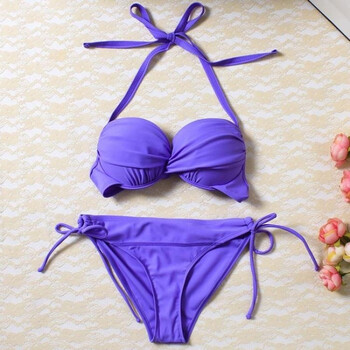 新款游泳衣女分体小胸大胸比基尼纯色红黑紫玫红色bikiji女 紫色主图