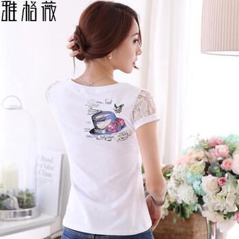 
                                        俪韵小屋短袖t恤女纯白色夏季半袖tshirt圆领nv修身蕾丝拼接上衣919 白色 M                