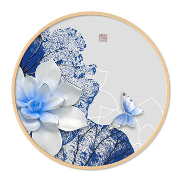 装饰画 客厅 新中式荷花圆框画餐厅卧室墙面挂画沙发背景墙三联画走廊