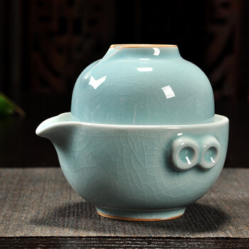 玉瓷快客杯一壶一杯旅行办公功夫茶具白陶瓷便携盖碗手抓茶壶 青色