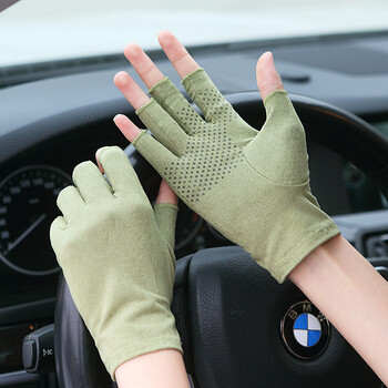 男女通用仿麂皮绒防滑吸汗文玩手套 开车防晒驾驶手套半指 绿色 l