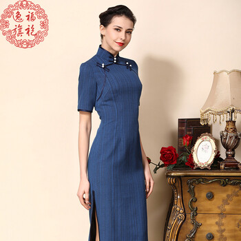 逸福精品春秋季短袖改良旗袍长款深蓝色双襟女连衣裙深蓝色s7天发货