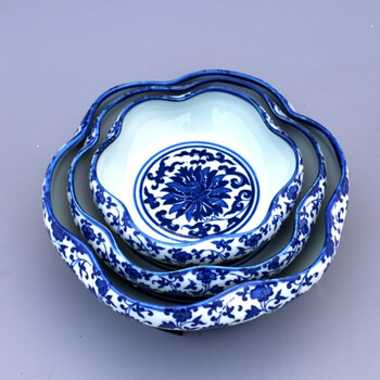 陶瓷仿古青花瓷水浅笔洗碗莲睡莲缸迷你小金鱼缸乌龟缸 荷花口一套