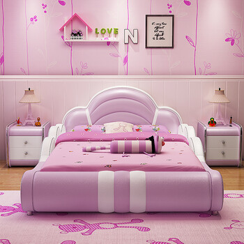 夏瑞斯 床 粉色公主床创意青少年卡通皮床小床带护栏实木单人床 床