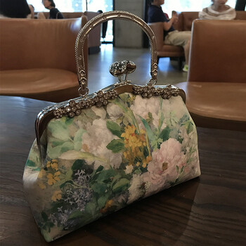 水彩牡丹花仿香云纱手工包 口金手提包手工diy学习材料包 成品定制!