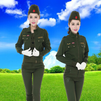 迷彩服套装女秋冬季军装三件套军绿修身作训服棉水兵舞服装 军绿 l
