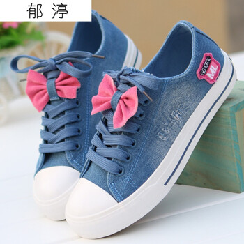 郁渟*梓潼低帮系带蝴蝶结女单鞋 甜美帆布鞋牛仔爱女 浅蓝色 40