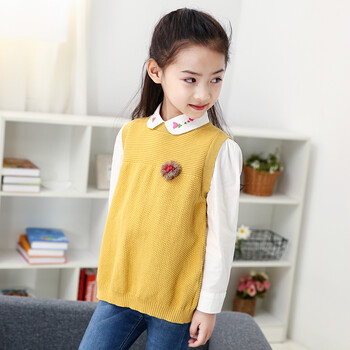 女童针织背心公主后背开叉毛衣2018新款春装儿童装马甲宽松线衫 黄色