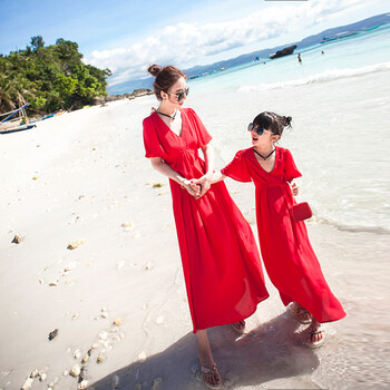 亲子装母女装海边度假沙滩裙波西米亚女童显瘦宝宝雪纺长裙连衣裙