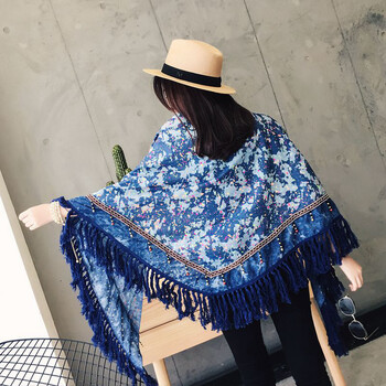 三角棉麻围巾女春秋冬2017新款牛仔蓝涂鸦文艺流苏潮款造型大披肩