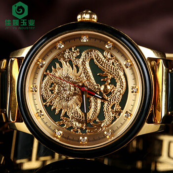 佳媛玉业 新疆和田玉墨玉 男女款龙凤机械表 金色情侣款手表 墨玉龙款
