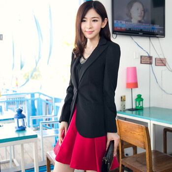 雅乐莎  2015秋季时尚新款长袖一粒扣休闲修身显瘦中长款小西装女 职业套装 黑色 L