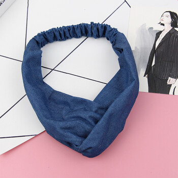 韩国新款复古牛仔布交叉弹力发带 复古纯色宽边百搭发箍发饰 深蓝色