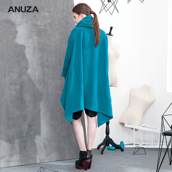 ANUZA2015秋装女装原创设计师不规则街头个性时尚欧美堆堆领斗篷卫衣大衣外套 蓝色  S  适合155-167身高