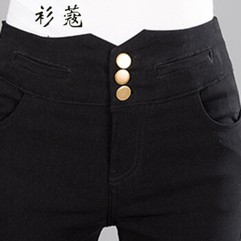 衫蔻  2015秋季新款修身女裤高腰排扣打底裤 棉纺混布 小脚铅笔裤纯色长裤 黑色 M