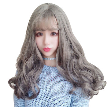 奶奶烟灰色假发女长卷发cos银灰色女大波浪假发中长梨花头 自然黑