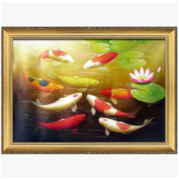 手绘九鱼图玄关餐厅年年有余荷花鱼油画横版风水招财壁画客厅挂画sn