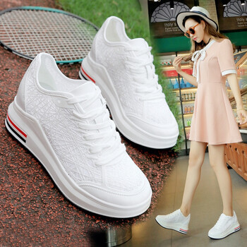 内增高女鞋小白鞋女运动鞋单鞋2018春夏坡跟厚底百搭网面透气 白(8801