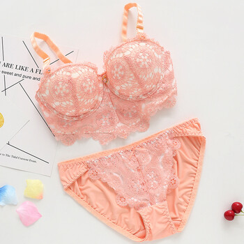 文胸套装性感蕾丝复古刺绣聚拢小胸厚薄款半杯日系少女内衣套装 粉红