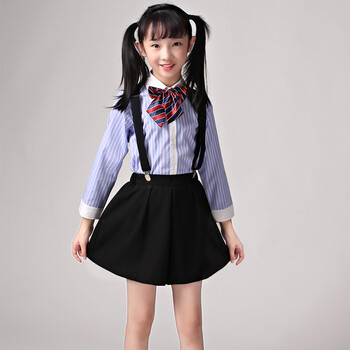 儿童礼服男童条纹衬衫背带装演出服男女童主持人钢琴小学生大合唱