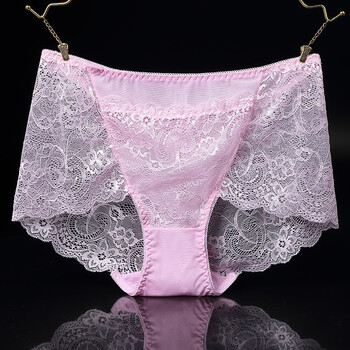 性感高腰蕾丝内裤女 诱惑透明女士内裤大码前口袋三角裤 浅粉 m