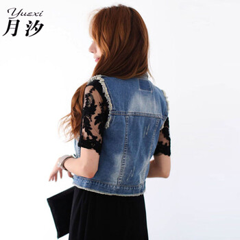 月汐2015秋季韩版牛仔马甲Y5938 深蓝色 M
