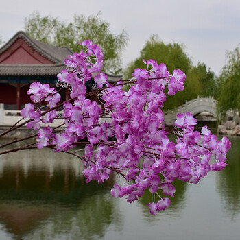 仿真樱樱花树桃婚庆装饰花树枝道具仿真绢花客厅落地 3叉紫色