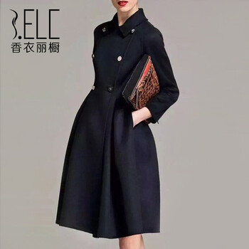 香衣丽橱2015秋冬新款高端欧美时尚双排扣女式中长款风衣外套女 藏蓝色 XL