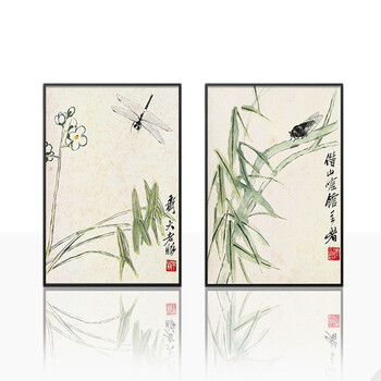 
                                        凝美 中式有框国画 齐白石名家装饰画 客厅卧室墙画沙发背景挂画餐厅走廊玄关床头壁画 双联组合 50*70cm实木有框画                