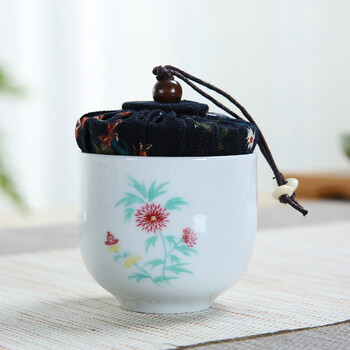 迷你布盖陶瓷茶叶罐小号复古中国风普洱存储小茶仓送礼品盒装 秋菊小