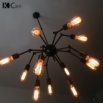 
                                        kc灯具 loft美式咖啡厅酒吧蜘蛛灯 餐厅办公室铁艺黑寡妇吊灯 哑黑色-赠12枚烟火灯泡40W                