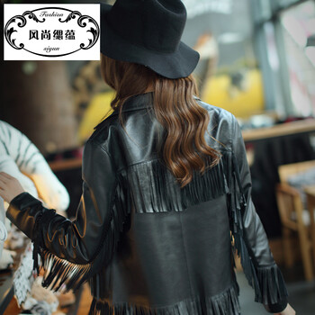 绵羊皮真皮皮衣女装 流苏机车皮夹克短款2015新品 黑色 S