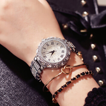 玛莎莉mashali奢华满钻钢带表时装水钻石英表女手表学生腕表 银白色