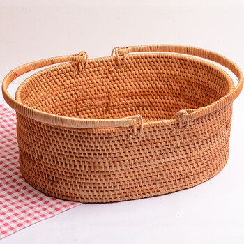 藤编水果篮子客厅家用手提收纳篮子鲜花菜篮子编织篮筐竹篮椭圆手提篮
