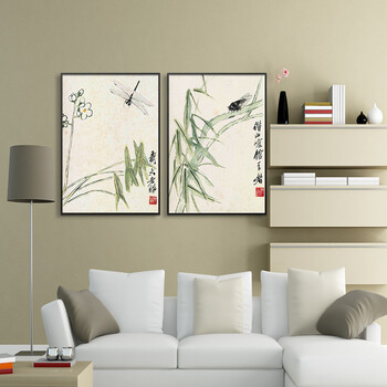 
                                        凝美 中式有框国画 齐白石名家装饰画 客厅卧室墙画沙发背景挂画餐厅走廊玄关床头壁画 双联组合 50*70cm实木有框画                
