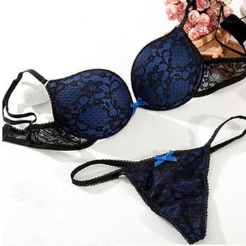 欧美性感诱惑内衣情趣丁字内裤少女薄款绣花聚拢文胸套装 蓝色 70a